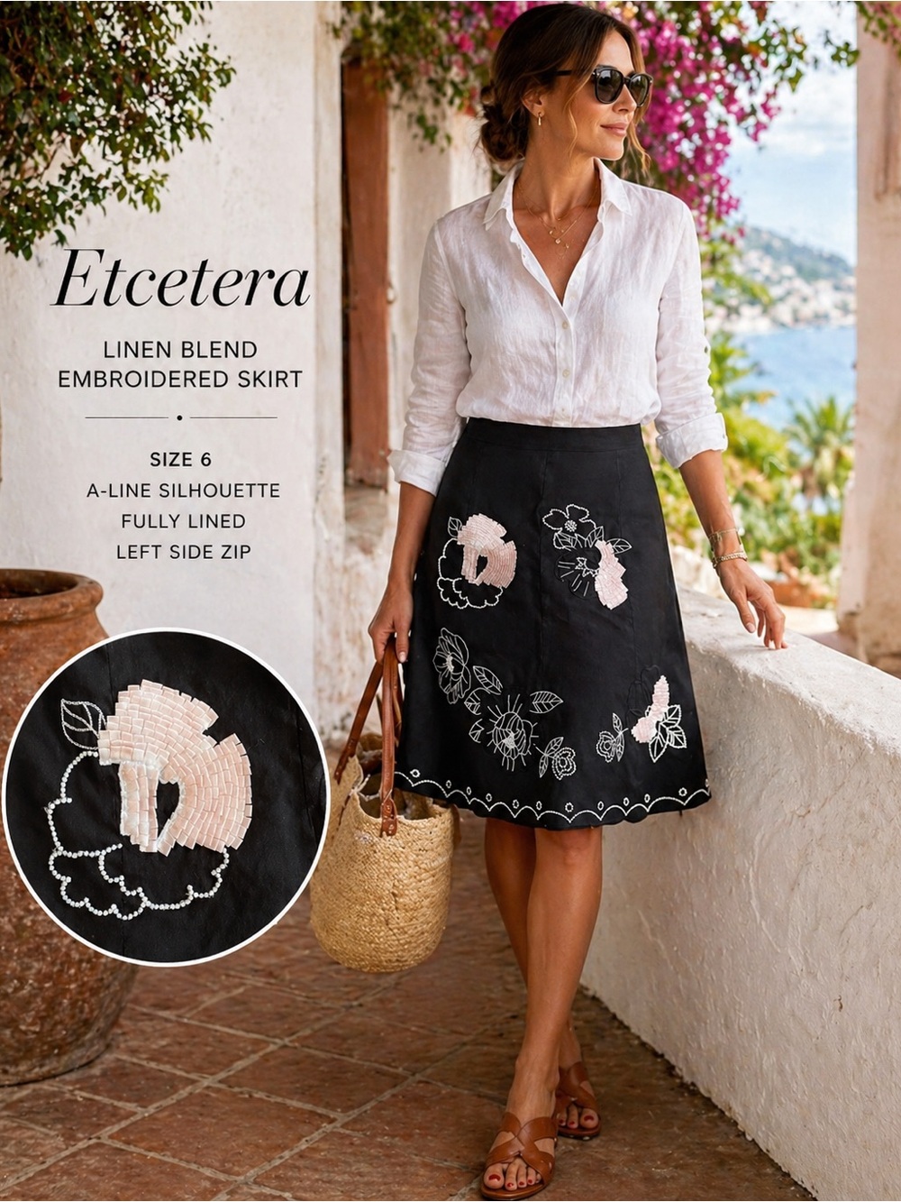 Etcetera Black Linen Blend Embroidered Floral Skirt Beaded Appliqué A-Line Sz 6